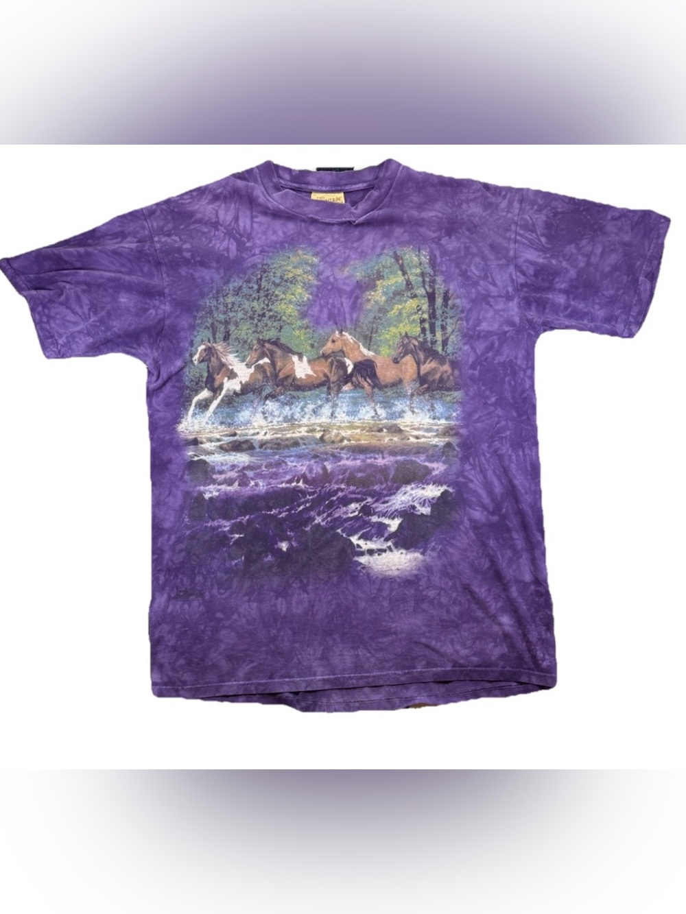 Vintage The Mountain Horse T Shirt Men's Large Purple Nature Boho AOP 2001